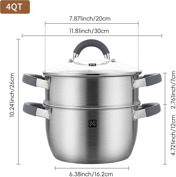 GOLDEN KEY 4.0 QT Steamer for Cooking,Steamer Pots with Vegetable Steam Basket,2-Tier Multipurpose 18/8 Stainless Steel Steaming Pot Cookware for Vegetable,Soup, Food,Dumplings,Oven & Dishwasher Safe