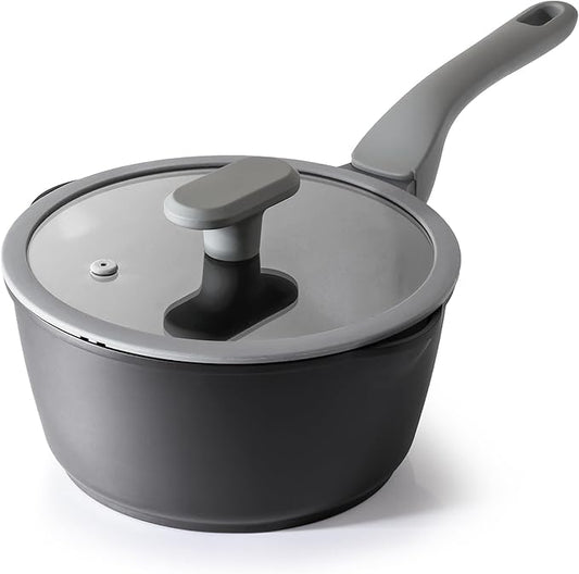 PRICUSIS Nonstick Saucepan with Lid, 2.7 Quart Non Toxic Pot with Pour Spouts, Full Coated, 100% Dishwasher Safe, Induction Compatible & Oven Safe, PTFE & PFOA Free, Black Sesame