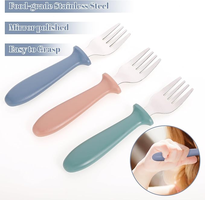 Pimoys 6-Pack Stainless Steel Toddler Forks Baby & Kids Utensils for Self-Feeding Plastic Handle Dishwasher Safe