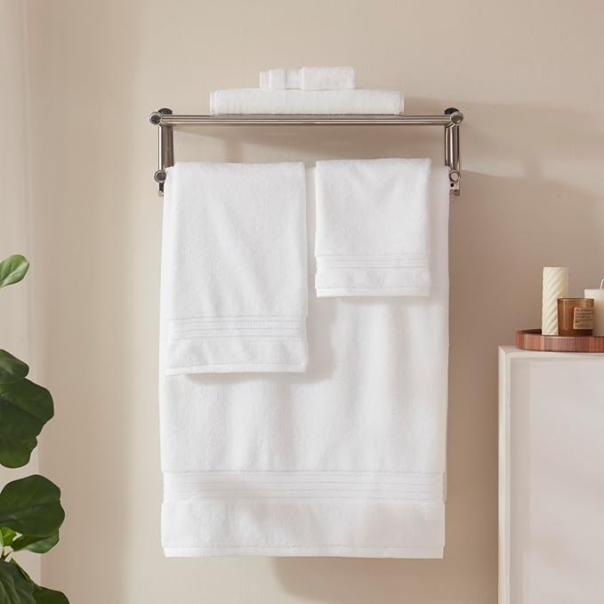 COZYART Luxury White Bath Towels Set, Cotton Hotel Large Towels for Bathroom, Thick Bathroom Set of 3 with 1 Bath Towel, 1 Hand Towel, 1 Washcloth, 650 GSM