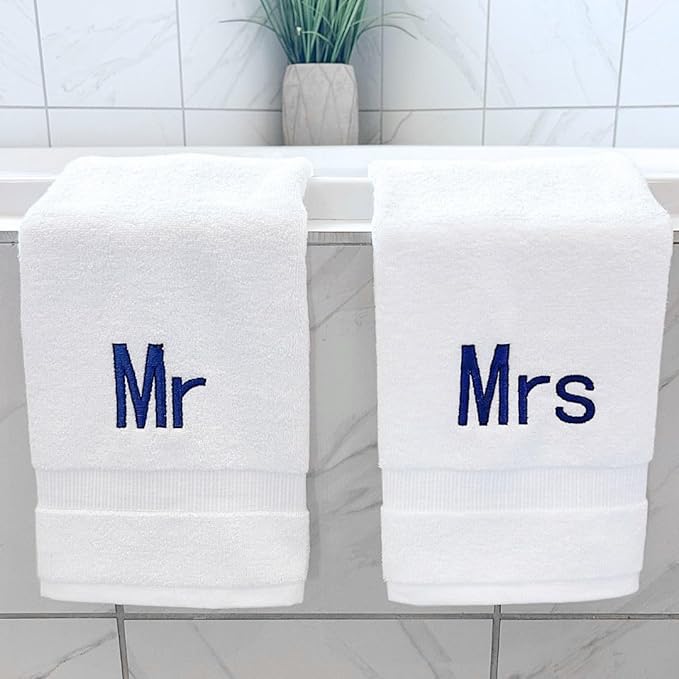 Navy Monogrammed Hand Towels for Bathroom - Luxury Hotel Quality Personalized Initial Decorative Embroidered Towel for Powder Room, Spa - GOTS Organic Certified - Mr and Mrs