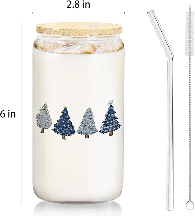 Blue Christmas Tree gifts Glass Coffee Cup With Lid And Straws 14oz - Merry Christmas Drinking Jar Gift For Women Kids Men,Glass Cup For Blue Xmas Decor