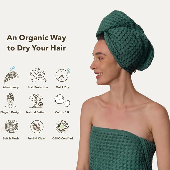 100% Organic Cotton Hair Drying Waffle Towel Wrap for Women | Absorbent & Quick Dry Head Turban for Wet Hair in Shower Sauna Spa, Extra Large for Long Straight Curly Plopping Button (Green, 2 PACK)