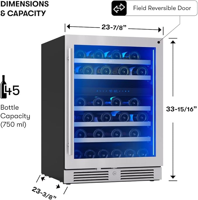 Zephyr Presrv 24" Wine Fridge Dual Zone Under Counter - Countertop Mini Wine Cooler Cellars Small Cabinet Wine Refrigerator Home Bar Chiller Freestanding with Glass Door, 45 Bottles 750ml