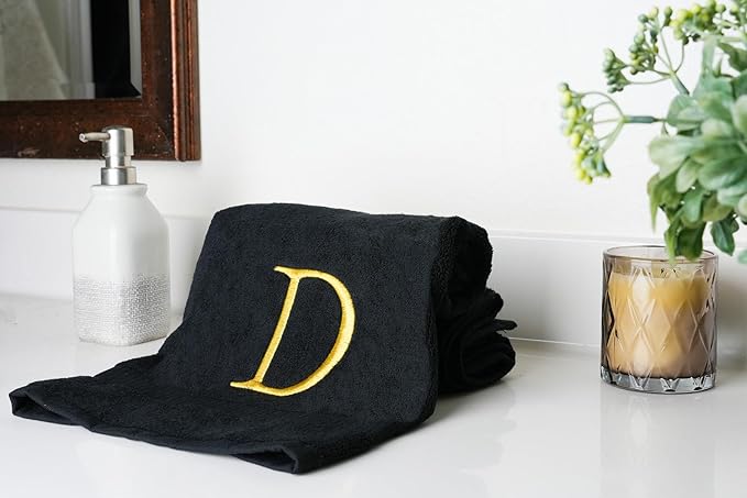 Black Luxury Hand Towel for Bathroom - Monogrammed Initial Hotel Quality Decorative Embroidered Towel for Powder Room, Spa - GOTS Organic Certified - Pack of 2 - Letter D