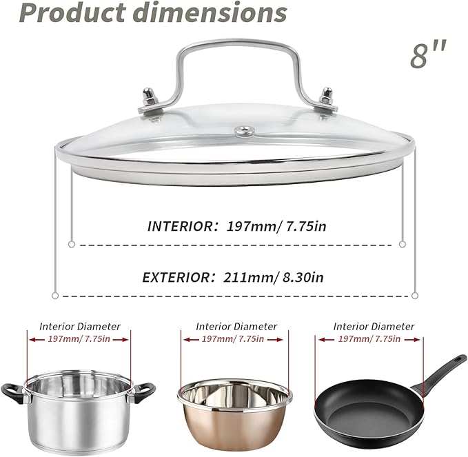 8" Tempered Glass Pan Lid with Steam Vent, Thickened to 4mm and Dishwasher Safe and Oven up to 480℉, Universal Lid Fit for Cast Iron Skillets, Frying Saute Pan, Cooking Pot