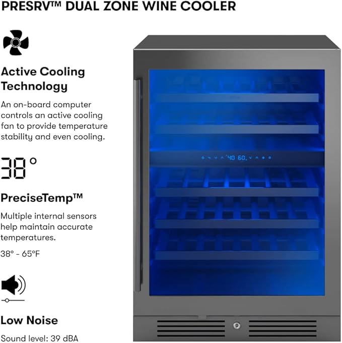 Zephyr Presrv 24" Wine Fridge Dual Zone Under Counter - Countertop Mini Wine Cooler Cellars Small Cabinet Wine Refrigerator Home Bar Chiller Freestanding with Glass Door Black, 45 Bottles 750ml