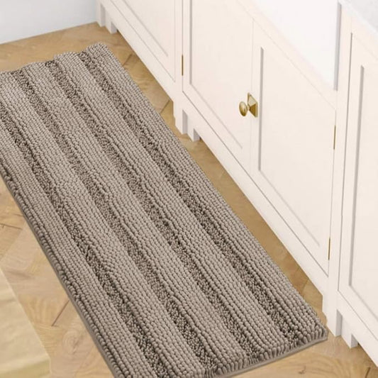 H.VERSAILTEX Bath Rugs for Bathroom Non Slip Bath Mats Extra Thick Chenille Striped Bath Rug Runners 47" x 17" Absorbent Fluffy Soft Shaggy Mats Dry Fast Plush Area Carpet for Bath Room - Taupe