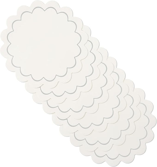 Kate Spade New York Scallop Edge Round Reversible Placemats 6-Pack Set, Imitation Leather with Metallic Print, Water Resistant, Easy Wipe Clean, White/Silver, 15" Round