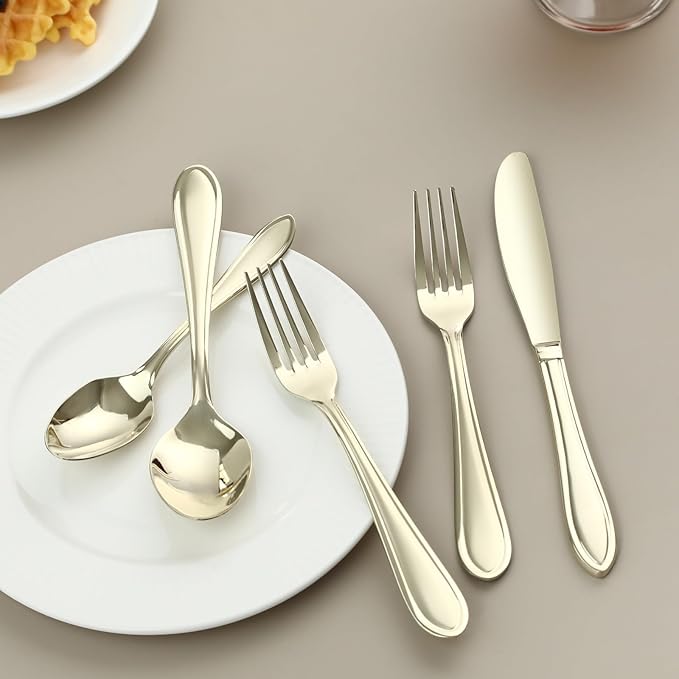 Champagne Silverware Set, 30-Piece Stainless Steel Champagne Flatware, 18/0 Stainless Steel Utensils, Dishwasher Safe, Modern Tableware for Home & Kitchen Dining