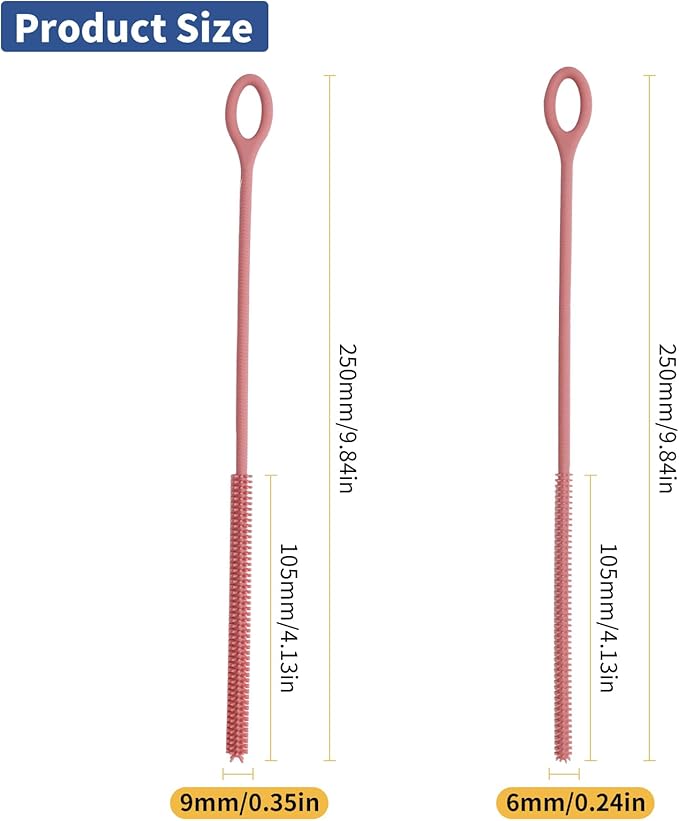 Silicone Straw Cleaner Brush, 2Pcs Reusable Straw Brush Extra Long for Cleaning Tumbler with Handle and Glass Metal Smoothie Straws, Non-slip Handle Soft and Bendable, 6mm+9mm (Pink)