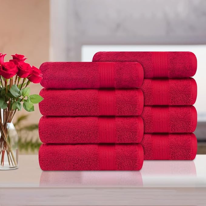 Ample Decor Hand Towel 18 X 28 Inch Pack of 8 600 GSM 100% Cotton, Soft Absorbent Premium Quality, for Hotel, Bathroom, Spa, Gym - Christmas Red