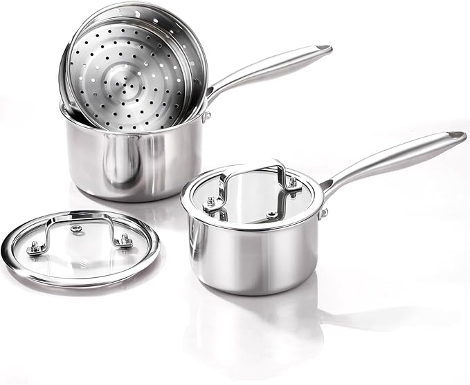 1Qt and 2Qt Triple Stainless Steel Saucepan with Lid, Ramen Pot with Clear Glass Cover, Small Sauce Pan for Cooking Oatmeal, Induction-Ready, Dishwasher-Safe, Suitable for All Stoves