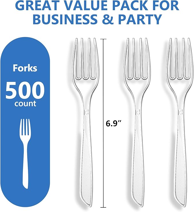 SACATR 500 Count Heavy Duty Clear Plastic Forks,BPA-Free,Heat Resistant Disposable Plastic Forks Bulk, Solid Durable Premium Cutlery for Parties, Events and Everyday Use
