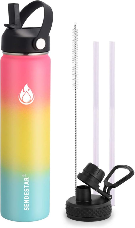SENDESTAR Insulated Water Bottle 24 OZ, Wide Mouth 24 oz Water Bottle with Straw Lid, Spout Lid, Double Wall Vacuum Stainless Steel Leak Proof, Keeps Liquids Hot or Cold