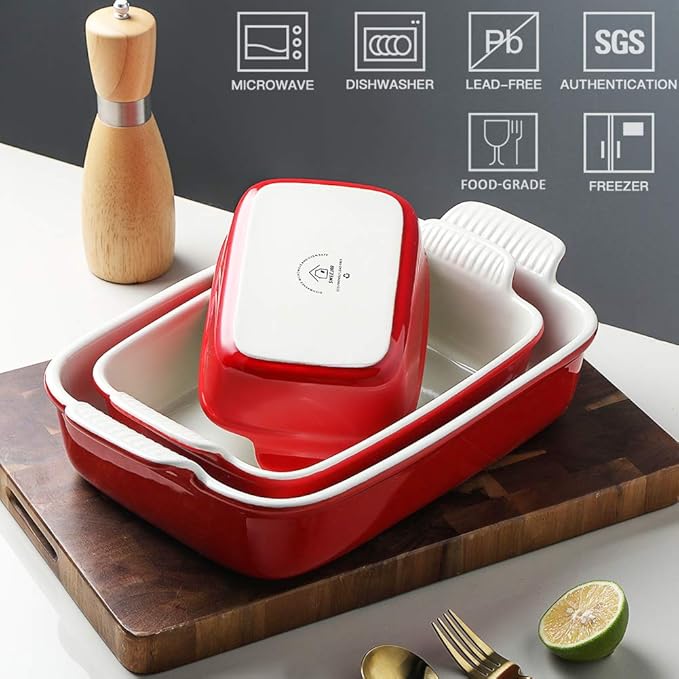 Sweejar Baking Pans Set, Ceramic 9x13 Baking Dish with Handle, Rectangular Casserole Dishes for Oven, Bakeware Sets of 3, Durable Lasagna Pan Deep for Kitchen, Banquet, Wedding Gift(Red)