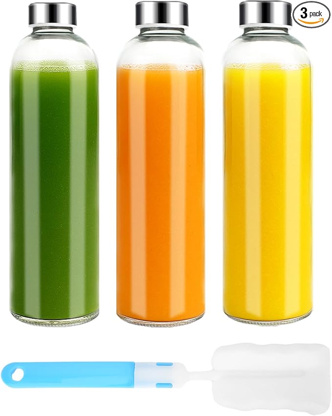 32 oz Clear Glass Water Bottles with Lids, Reusable Glass Juice Bottles with Stainless Steel Cap for Juicing, Refrigerator, 100% Leak Proof, BPA Free, Gift Set of 3