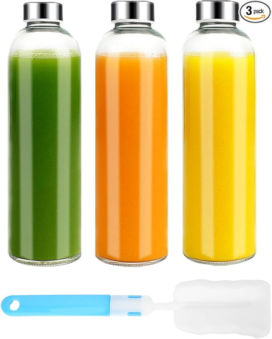 32 oz Clear Glass Water Bottles with Lids, Reusable Glass Juice Bottles with Stainless Steel Cap for Juicing, Refrigerator, 100% Leak Proof, BPA Free, Gift Set of 3