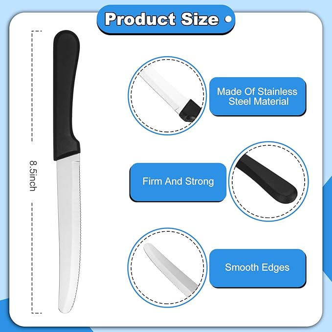 Geelin 50 Pieces 8.5 Inch Rounded Serrated Blade Steak Knives Stainless Steel Round Tip Blade Steak Knife with Plastic Handle for Kitchen Butter Cutlery Restaurant(Black)