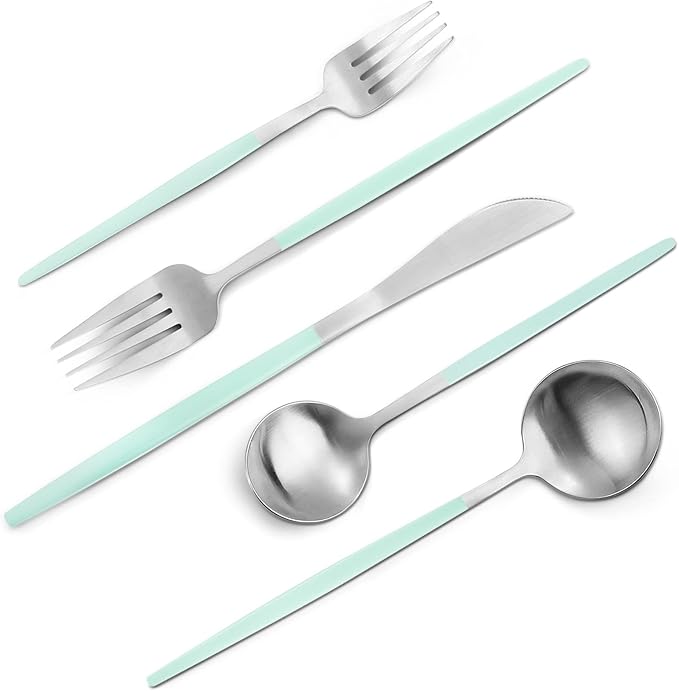 Matte Green Silver Silverware Set, 20-Piece Stainless Steel Flatware Set, Satin Finish tableware Cutlery Set, Service for 4, Home and Restaurant, Dishwasher Safe