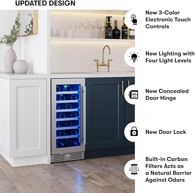 Zephyr Presrv 15 Inch Wine Fridge Single Zone Under Counter - Slim Narrow Wine Cooler Cellars Small Cabinet Wine Refrigerator Home Bar Chiller Freestanding with Glass Door - 27 x 750ml Bottles