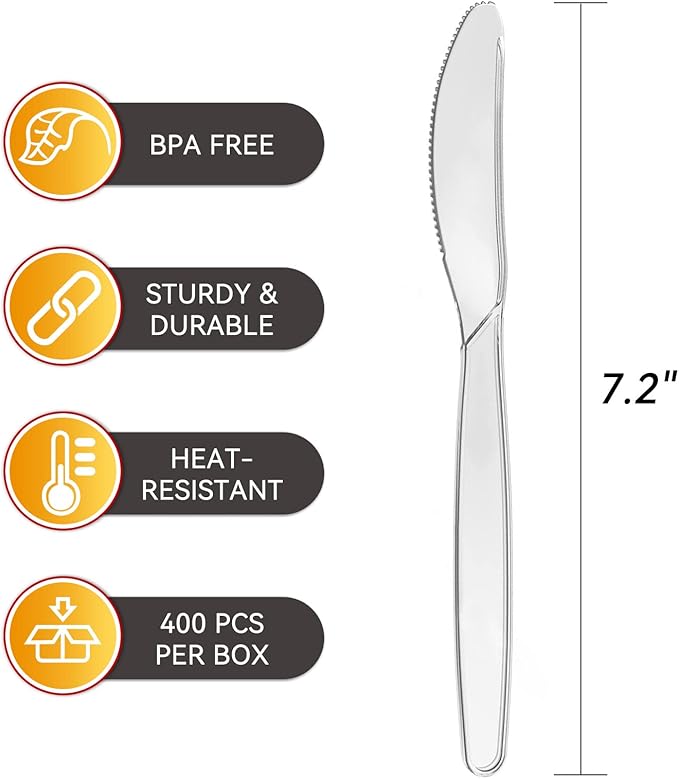 400 Count Plastic Knives Heavy Duty Clear Utensils, Heat Resistant, Solid and Durable Disposable Knives Bulk, Premium Plastic Knives heavy duty for Party Supply