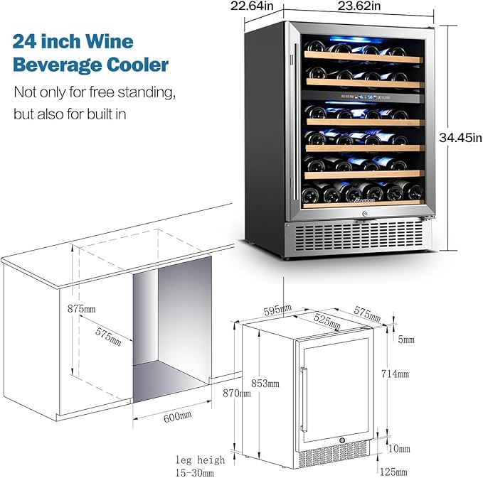 AAOBOSI 24 Inch 51 Bottles Wine Fridge, 41-64.4°F Dual Zone Wine Cooler, 6 Adjustable Shelves，Visualized Temperature Regulation，Temperature Memory Function，Double-Layer Glass Door