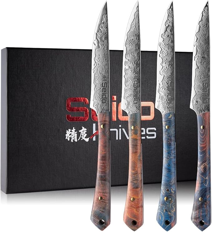 Seido Knives Kaze VG10 Damascus Steel Steak Knives - 4-Piece Straight-Edge with Solid Wood Handle