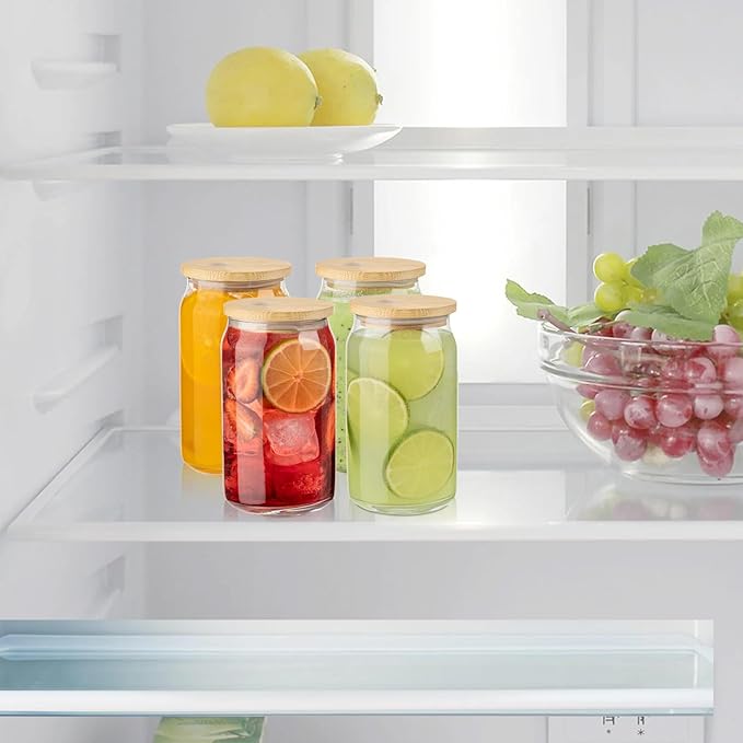 Glass Cups with Lids and Straws, 16 Oz - Set of 8 Reusable Iced Cold Coffee Tumblers - Clear Glass Bottle for Water with Bamboo Lids