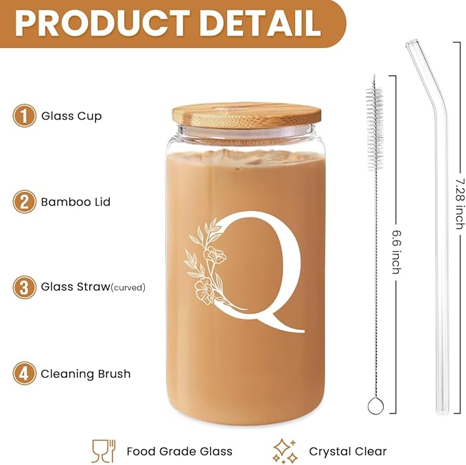 SANDJEST Monogrammed Gifts for Women - Monogram Q Initial Glass Cup 16 Oz Can Coffee Cups with Lid and Straw - Monogram Initials Gifts for Womens on Birthday