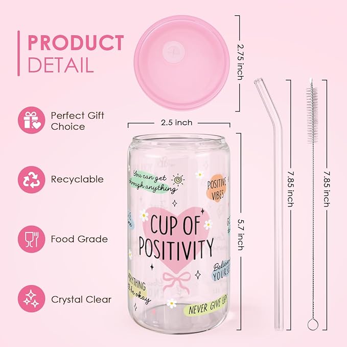 SANDJEST Inspiration Gifts - Glass Tumbler 16oz with Acrylic Lid and Straw - Iced Coffee Cups for Women, Aesthetic Glass Cup Gift for Birthday Christmas