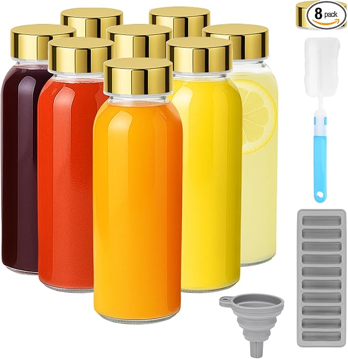 Zukro Glass Water Bottles with Gold Lids 10.5 oz, 8 Pack Clear Reusable Glass Small Juice Bottles for Juicing, Milk, Ginger Shot, Stainless Steel Cap, BPA-Free Leak Proof 300ml Drinking Container Jar