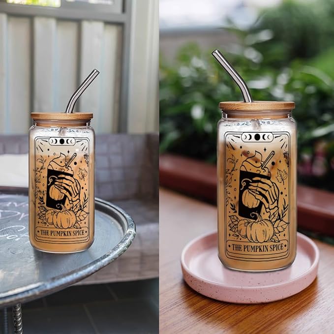 Fall Pumpkin 16 OZ Glass Cups with Lids and Straws, Thanksgiving Tarot Tumbler Mug, Fall Gifts, Halloween Boo Basket Gifts for Women