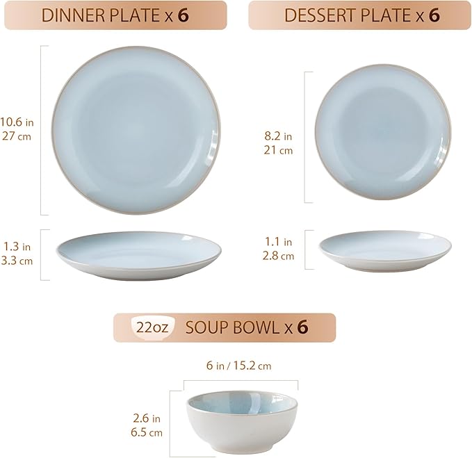 Plates and Bowls Sets for 6 - CJDC-QUELO 18-Piece Stoneware Dinnerware Sets, Ceramic Dishware Set for Kitchen Use and Formal Dining, Chip and Scratch Resistant Microwave Dishwasher Safe, Off White