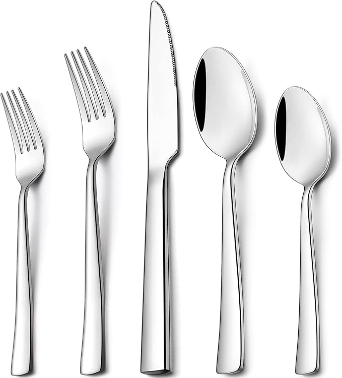 Wildone 40-Piece Silverware Set, Stainless Steel Flatware Square Cutlery Set Service for 8, Eating Utensils Include Knife Fork Spoon, Mirror Polished & Dishwasher Safe