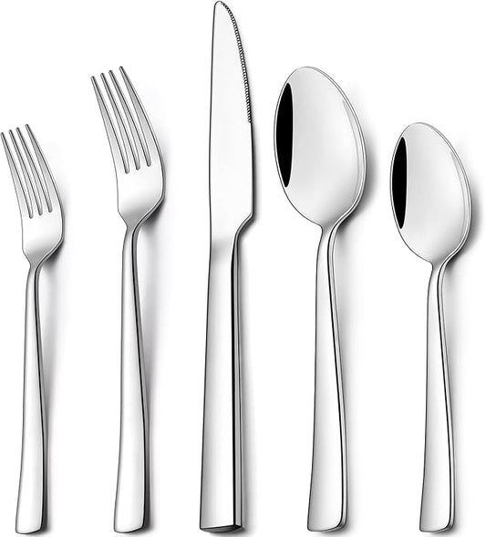 Wildone 40-Piece Silverware Set, Stainless Steel Flatware Square Cutlery Set Service for 8, Eating Utensils Include Knife Fork Spoon, Mirror Polished & Dishwasher Safe