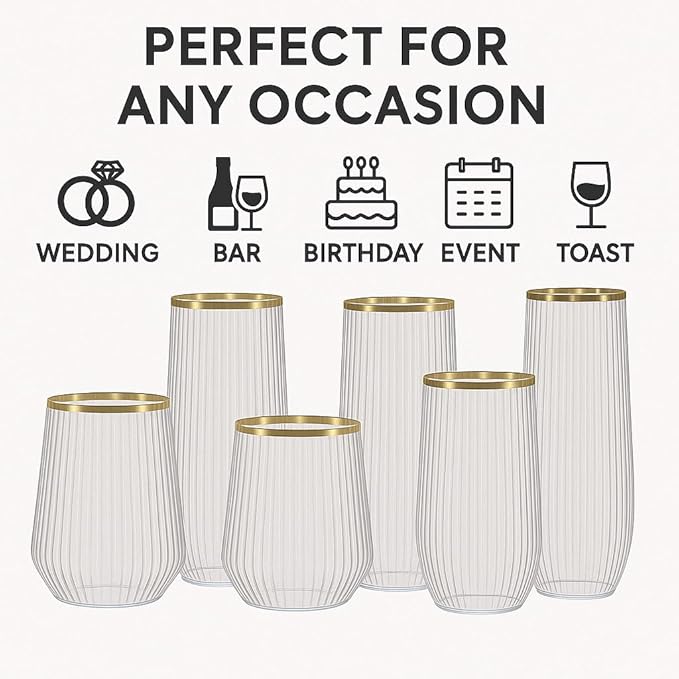 48 Pack Ribbed Origami Ripple Plastic Glasses, 24 9 Ounce Stemless Champagne Flutes & 24 12 Ounce Cups, BPA-Free Disposable Shatterproof Toasting Glasses for Weddings, Bars, and Events (Gold Rim)