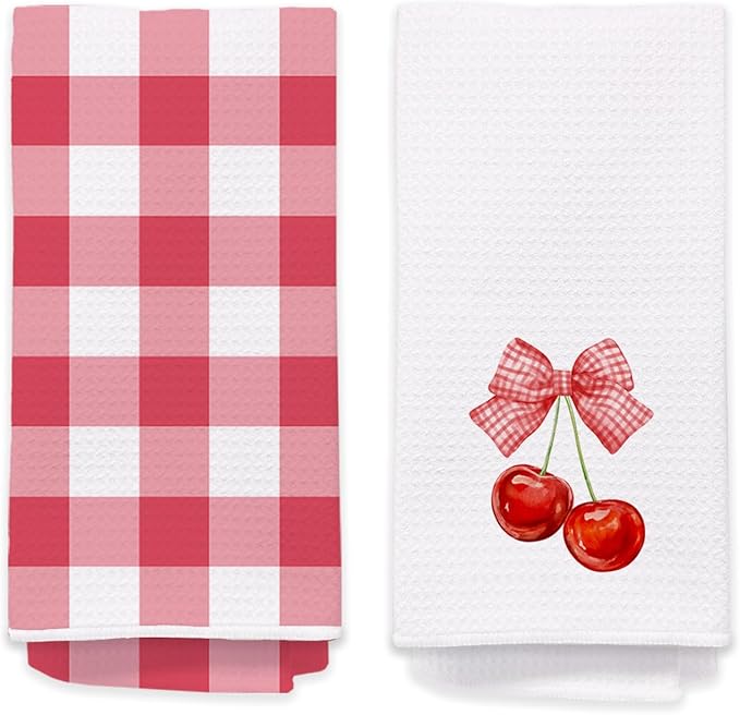 2 Pack Red and White Checkered Hand Towels for Bathroom - Cute Cherry Dish Tea Towels for Kitchen Decor, Cottagecore Decorative Hand Towels for Guest Bathroom, Cherry Themed Housewarming Gift Idea