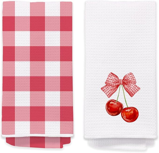 2 Pack Red and White Checkered Hand Towels for Bathroom - Cute Cherry Dish Tea Towels for Kitchen Decor, Cottagecore Decorative Hand Towels for Guest Bathroom, Cherry Themed Housewarming Gift Idea