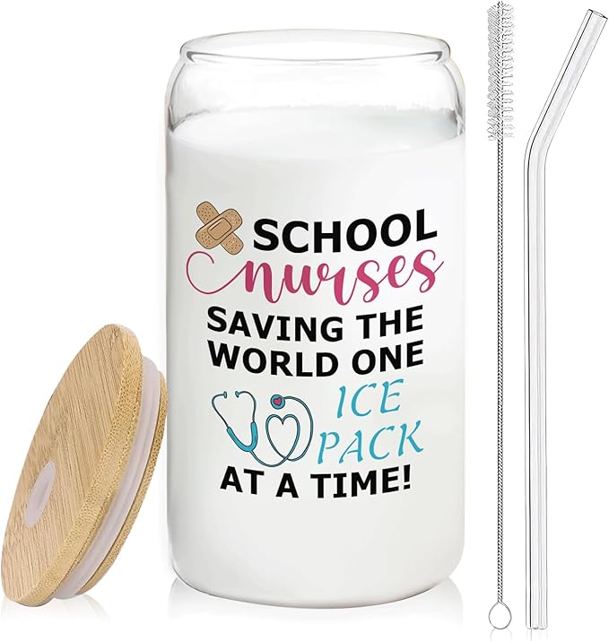 School Nurse Gifts Glass Cup Lids and Straws 14oz, Nurse Appreciation for Nursing Students Glass Iced Coffee Tumbler Drinking Jars with Cleaning Brush