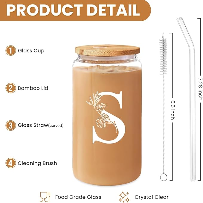 SANDJEST Monogrammed Gifts for Women - Monogram S Initial Glass Cup 16 Oz Can Coffee Cups with Lid and Straw - Monogram Initials Gifts for Womens on Birthday