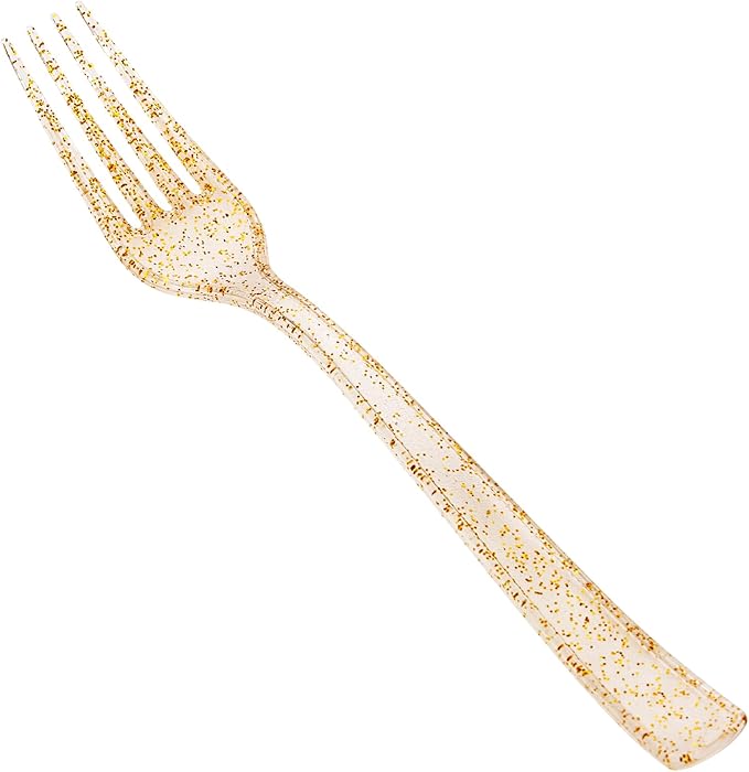 YOUBET 50PCS Gold Glitter Plastic Forks - Heavy Duty Plastic Forks - Solid Durable Gold Glitter Disposable Silverware for Party Picnic Wedding and Daily Use