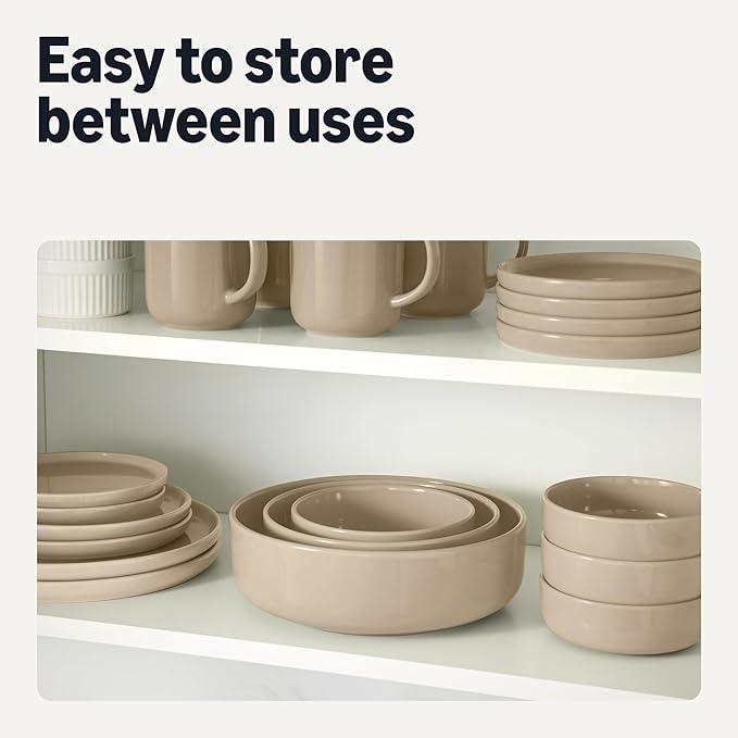 Amazon Basics Glazed Stoneware Dinner Plates, Ceramic 4-Piece Set, Microwave and Dishwasher-Safe, 10.5 in., Linen Gray