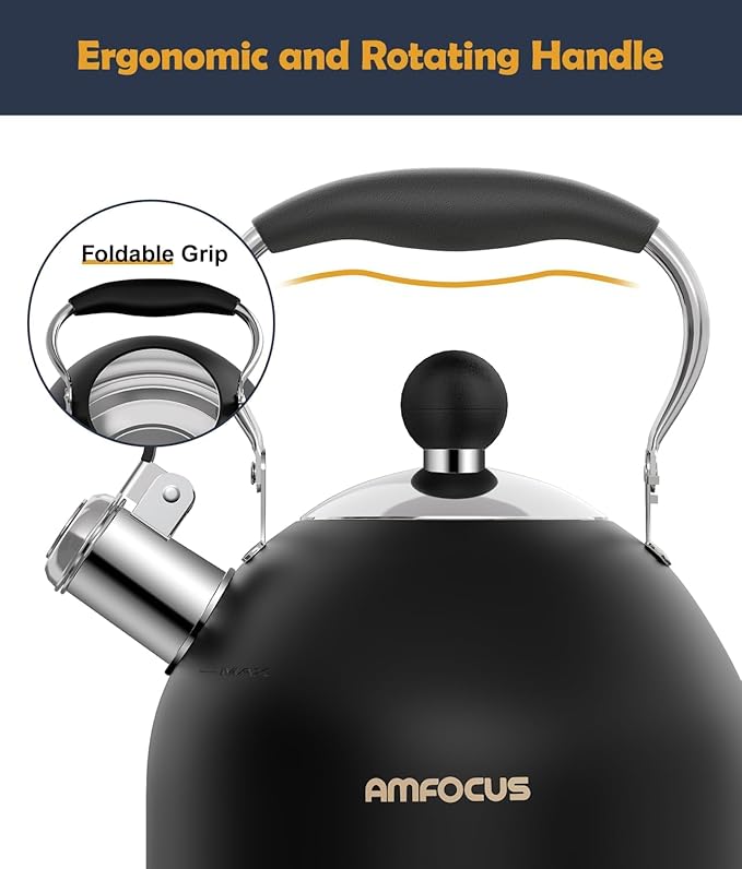 Tea Kettle, 2 Quart Stainless Steel Whistling Tea Kettle, Stovetop Whistling Teakettle Tea Pots for Stove Top with Ergonomic Folding Handle, Small Teapot, Water boiler for Tea, Coffee (Black)
