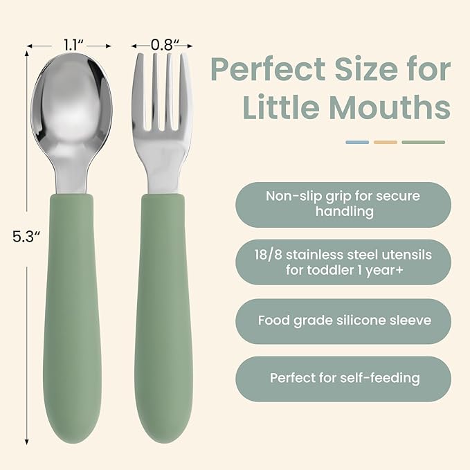 6 Pack Toddler Utensils, Toddler Forks and Spoons Set, Kids Silverware with Silicone Handle, 18/8 Stainless Steel Children Safe Flatware, BPA Free, Dishwasher Safe