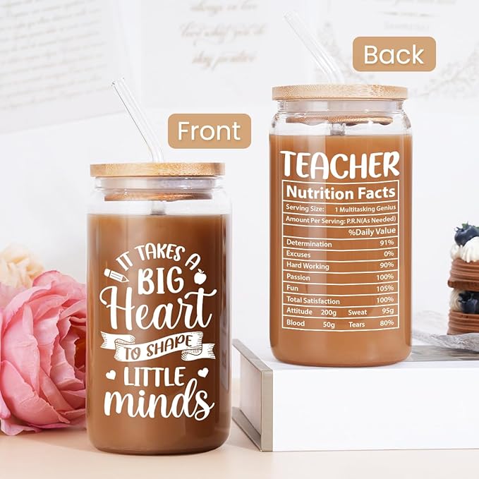 SANDJEST Teacher Gifts for Women - 16 Oz Can Glass Coffee Cup with Straws - Teacher Appreciation Gift for Women on Birthday Back To School