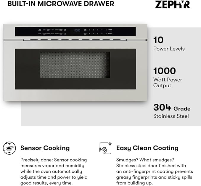 Zephyr 30 inch Built In Drawer Microwave Oven Under Cabinet - Integrated, Wall Mount, Under Counter Pull Out Microwave Drawer 1.2 cu ft, Preset Cooking Options, Easy Clean Coating, 1000W