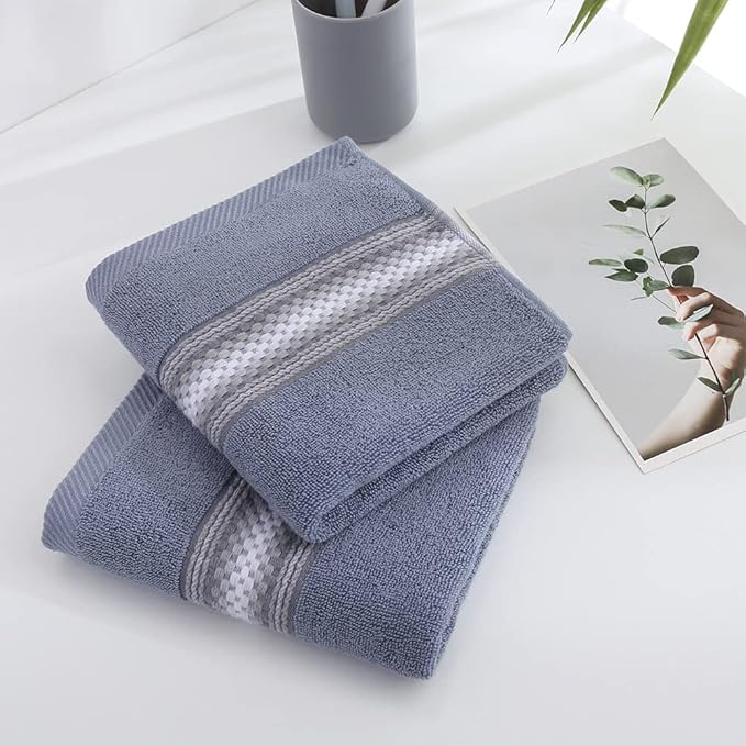 YiLUOMO Blue Hand Towel Set of 2 Soft 100% Cotton Textured Striped Pattern Highly Absorbent Decorative Hand Towels for Bathroom 13 x 29 Inch