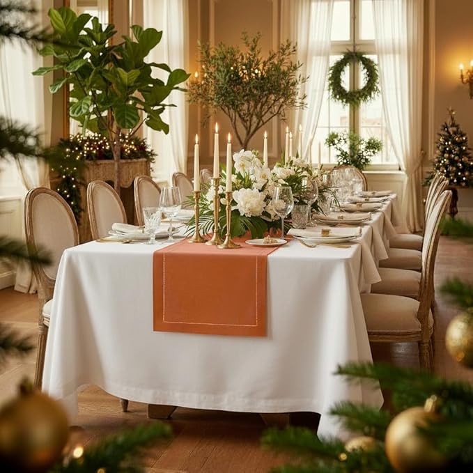 D'Moksha Homes Linen Rust Table Runner 72 Inches Long - 100% Pure Linen Hemstitch Table Runner 14 x 72 Inch for Dresser, Dining and Winter, Holiday, New Year - Classic Hemstitch