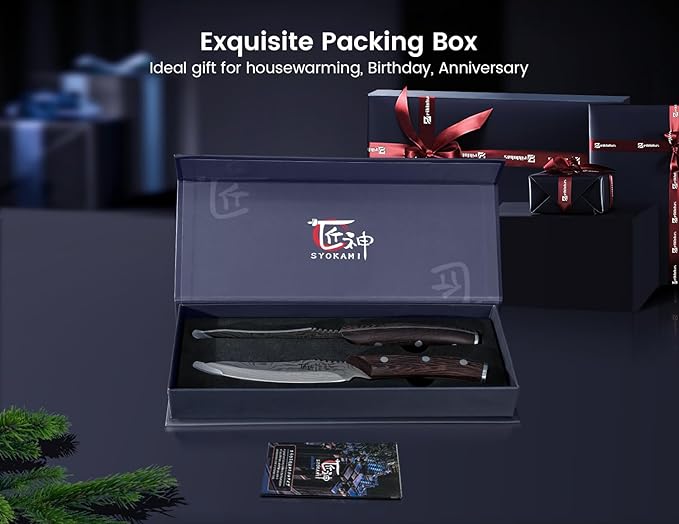 Steak Knives Set of 2, 4.8 Inch High End Japanese Style Fine Edge Meat Knife with Wood Handle, Damascus Pattern Full Tang Design, Super Sharp Dinner Knives with Exquisite Box, Cooking Gifts